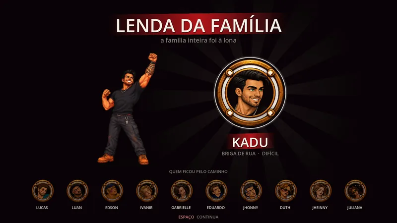 A tela LENDA DA FAMÍLIA, com o Kadu campeão e as medalhas de quem ficou pelo caminho